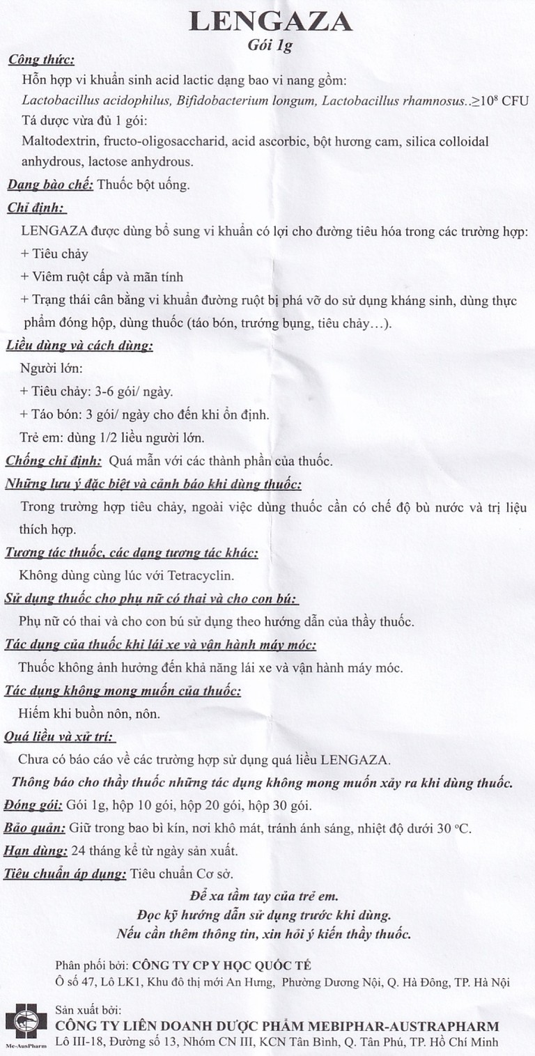 Thuốc Lengaza 1g Mebiphar điều trị các bệnh lý đường tiêu hóa, tiêu chảy, táo bón (30 gói)