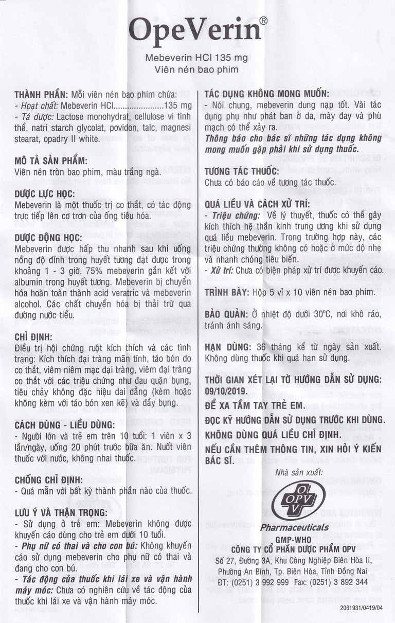 Thuốc OpeVerin 135mg OPV điều trị hội chứng ruột kích thích (5 vỉ x 10 viên)