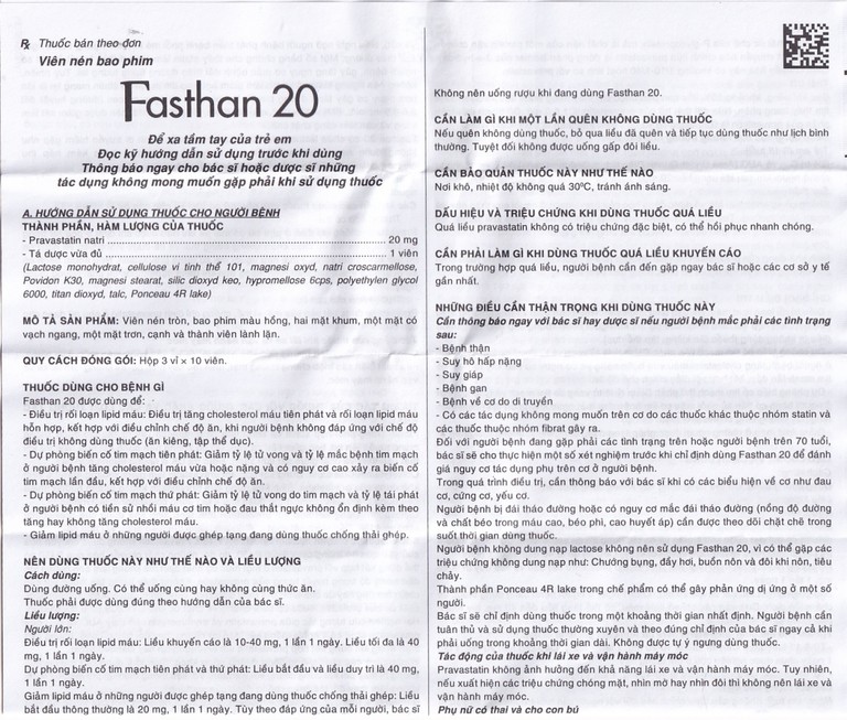 Thuốc Fasthan 20 SaVipharm điều trị rối loạn lipid máu, dự phòng biến cố tim mạch (3 vỉ x 10 viên)