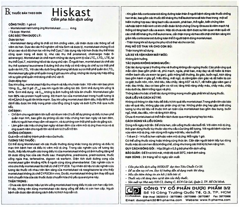 Cốm pha hỗn dịch uống Hiskast 4mg Dược 3-2 điều trị hen phế quản mạn tính (28 gói x 0.5g)