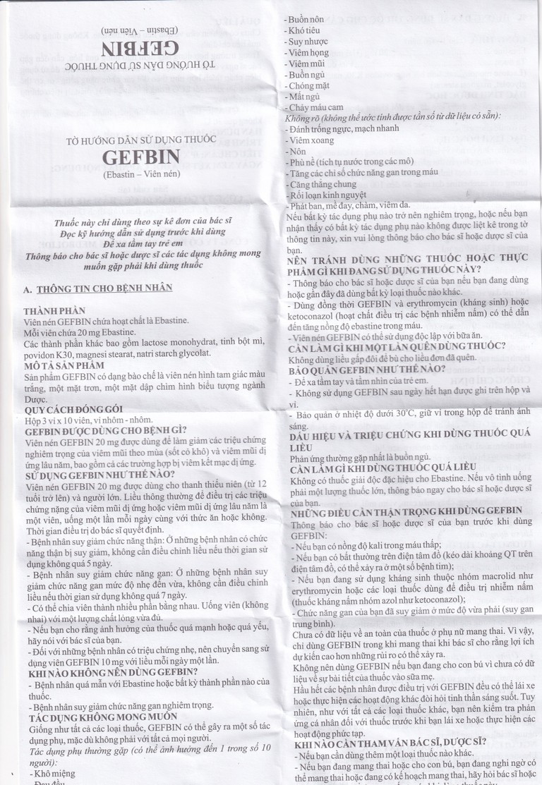 Thuốc Gefbin Medisun điều trị viêm mũi dị ứng, mề đay vô căn mạn tính (3 vỉ x 10 viên)