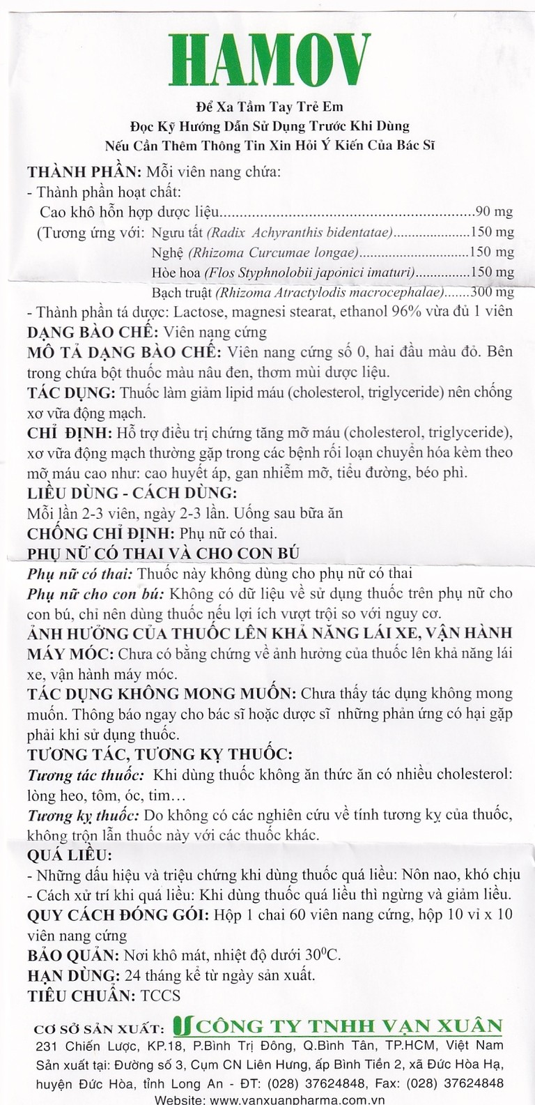 Thuốc Hamov Vạn Xuân hỗ trợ điều trị chứng tăng mỡ máu (10 vỉ x 10 viên)