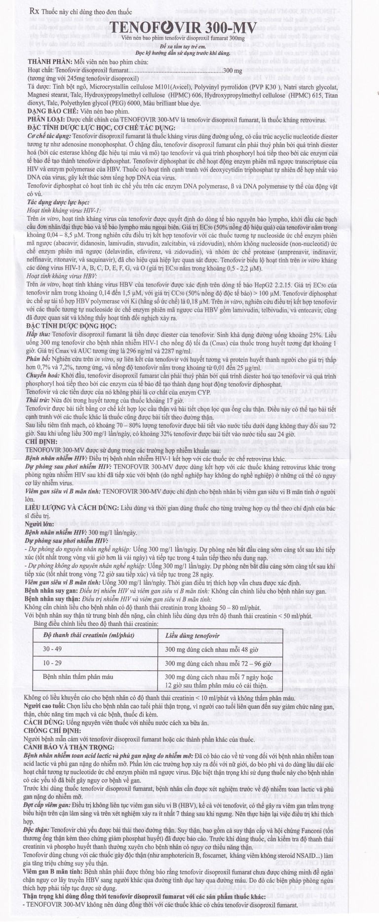 Thuốc Tenofovir 300-MV US Pharma điều trị nhiễm HIV-1, dự phòng sau phơi nhiễm HIV (3 vỉ x 10 viên)