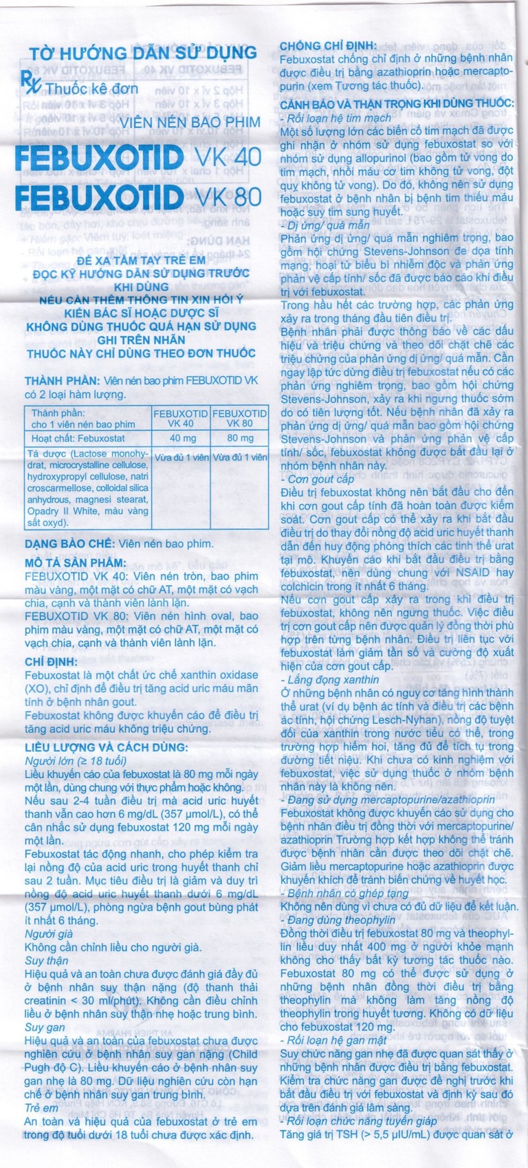 Thuốc Febuxotid VK 40 An Thiên điều trị tăng acid uric máu mãn tính (3 vỉ x 10 viên)