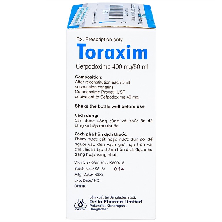 Bột pha hỗn dịch uống Toraxim 400mg/50ml Deltapharm điều trị câc chứng nhiễm khuẩn (50ml)