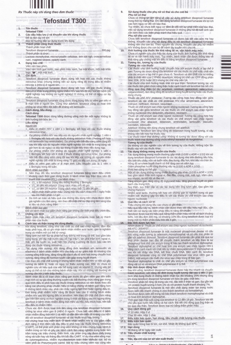 Thuốc Tefostad T300 Stella phòng và điều trị nhiễm HIV-1 (3 vỉ x 10 viên)