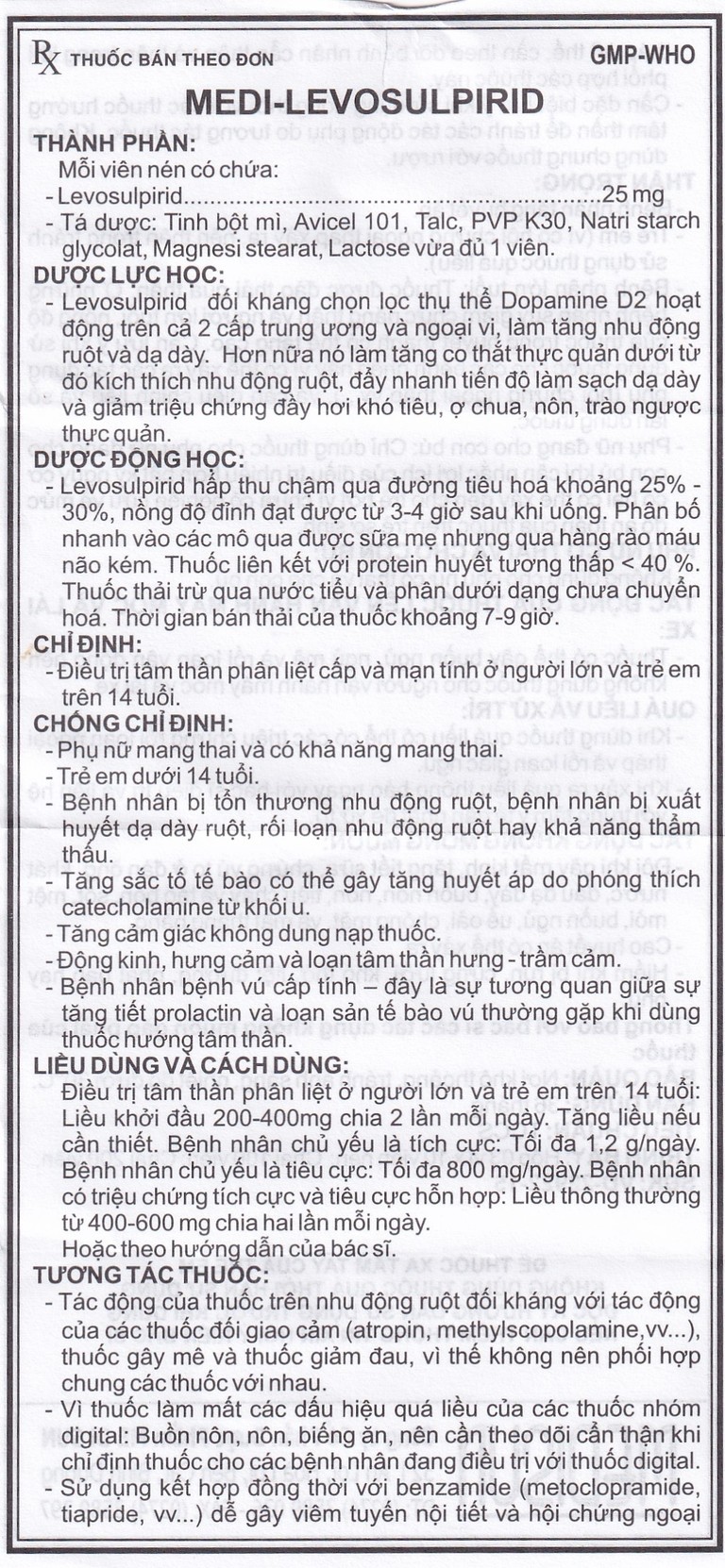 Viên nén Medi-Levosulpirid 25mg Medisun điều trị tâm thần phân liệt cấp và mạn tính (3 vỉ x 10 viên)