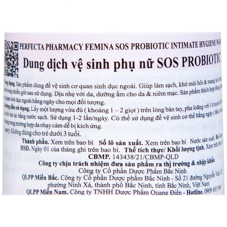 Dung dịch vệ sinh phụ nữ Perfecta Pharmacy Femina SOS hỗ trợ giảm ngứa, kháng khuẩn (150ml)