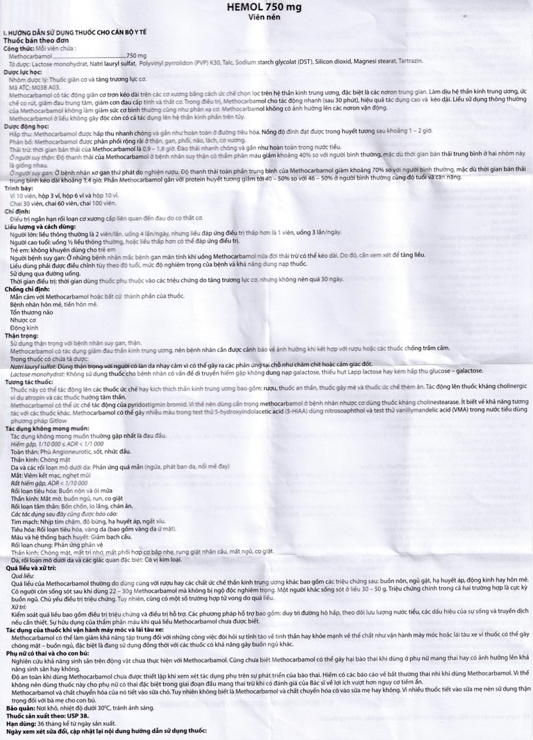 Thuốc Hemol 750mg Phương Đông điều trị ngắn hạn rối loạn cơ xương cấp (10 vỉ x 10 viên)