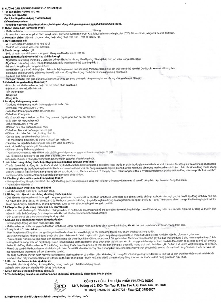 Thuốc Hemol 750mg Phương Đông điều trị ngắn hạn rối loạn cơ xương cấp (10 vỉ x 10 viên)