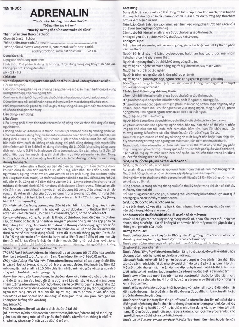Dung dịch tiêm Adrenalin 1mg/1ml hồi sức tim phổi, cấp cứu choáng phản vệ (5 vỉ x 10 ống)