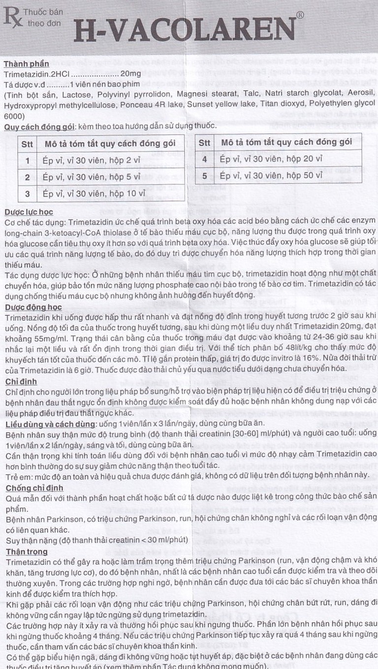 Thuốc H-Vacolaren 20mg Vacopharm điều trị đau thắt ngực (2 vỉ x 30 viên)