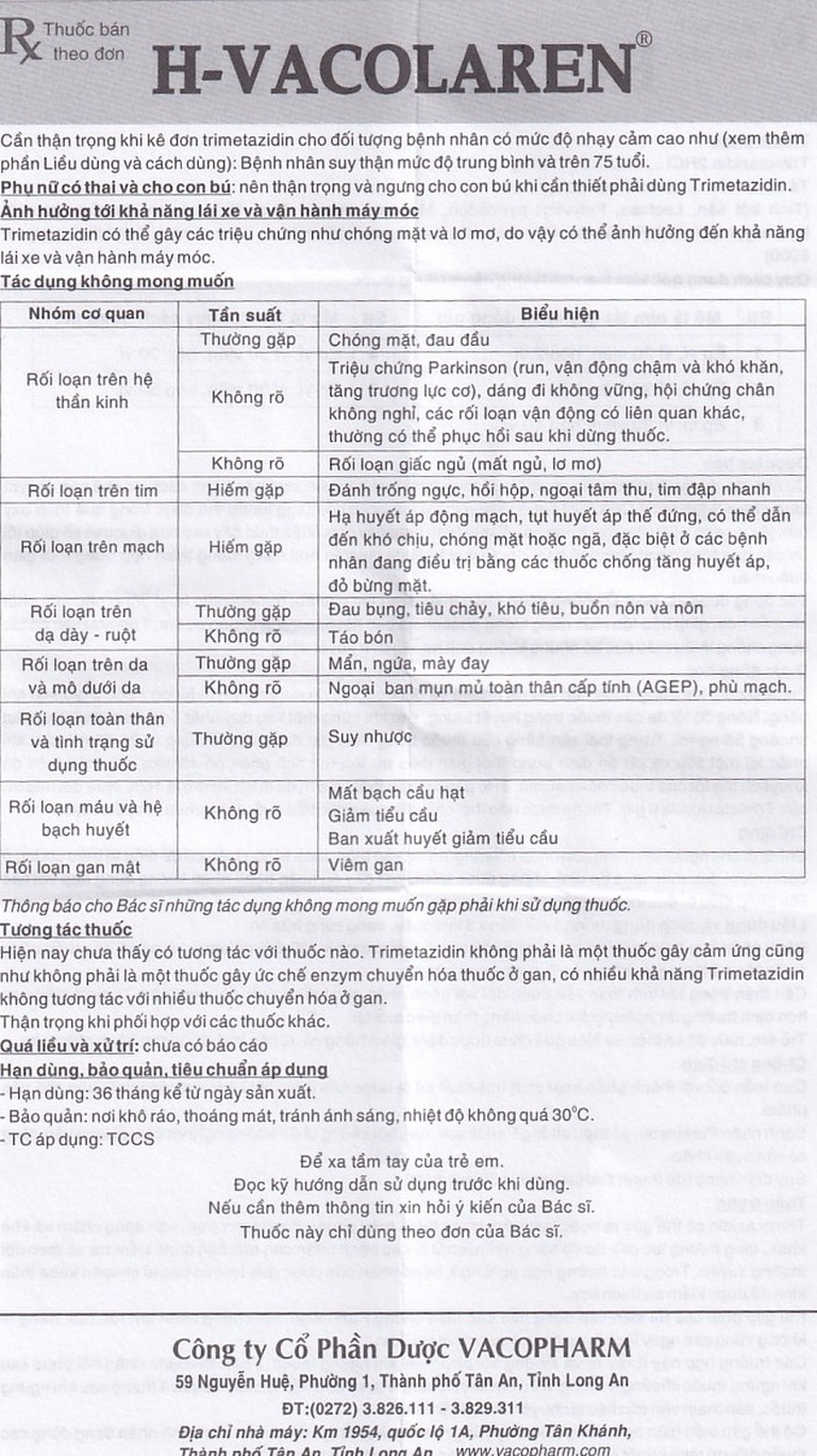 Thuốc H-Vacolaren 20mg Vacopharm điều trị đau thắt ngực (2 vỉ x 30 viên)