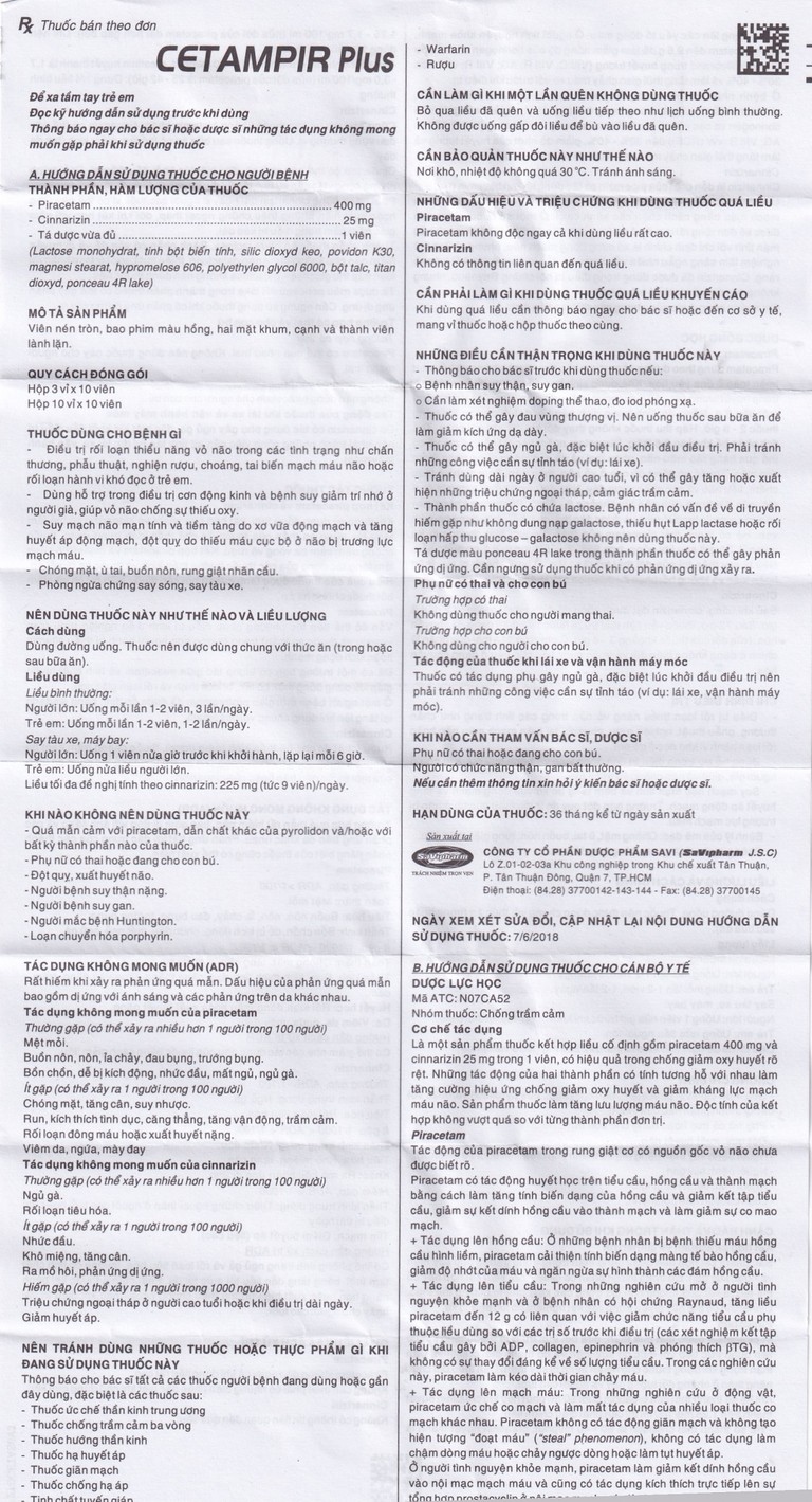 Thuốc Cetampir Plus 400mg/25mg SaVipharm điều trị rối loạn thiểu năng vỏ não, động kinh, giảm trí nhớ (3 vỉ x 10 viên)