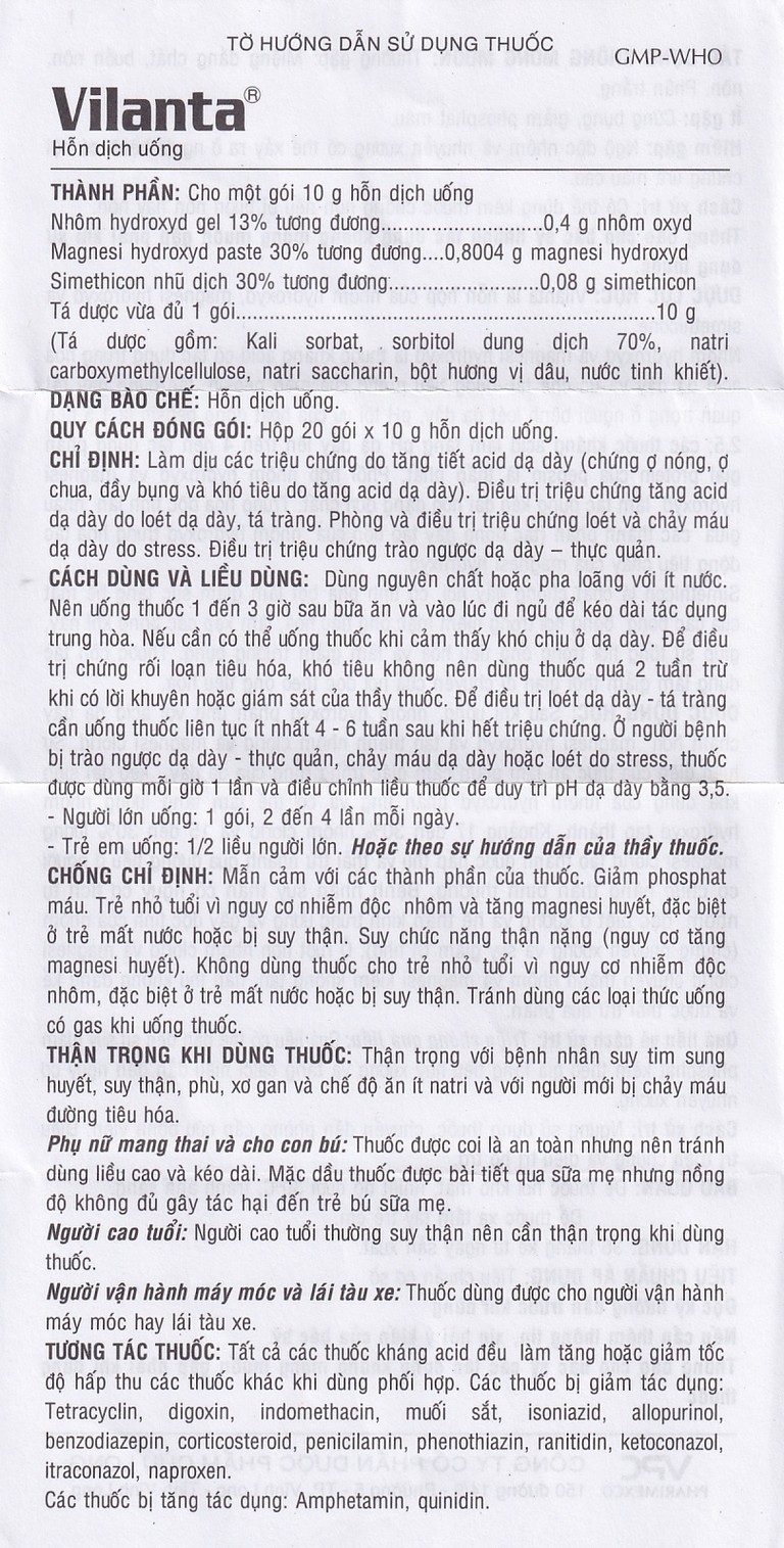 Thuốc Vilanta Pharimexco dịu triệu chứng ợ nóng, ợ chua (20 gói x 10g)