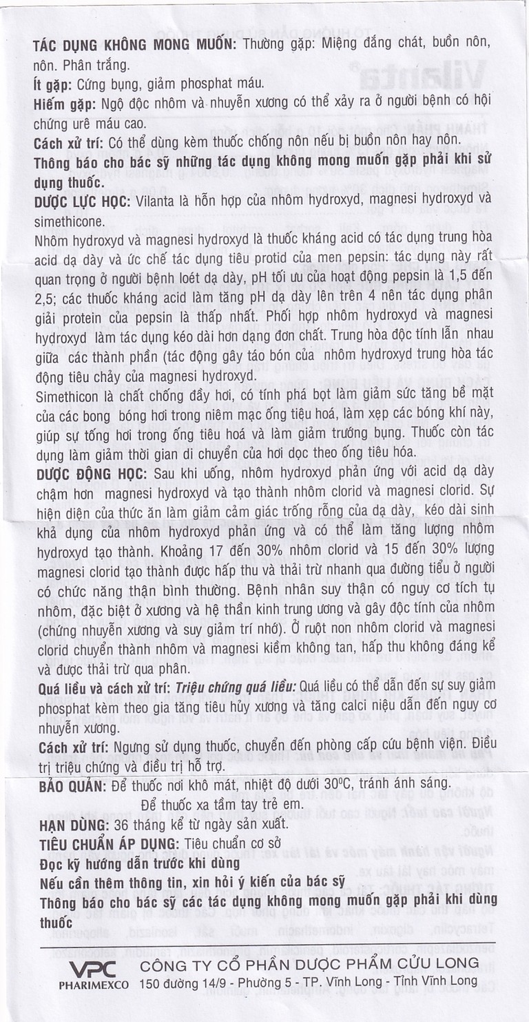 Thuốc Vilanta Pharimexco dịu triệu chứng ợ nóng, ợ chua (20 gói x 10g)