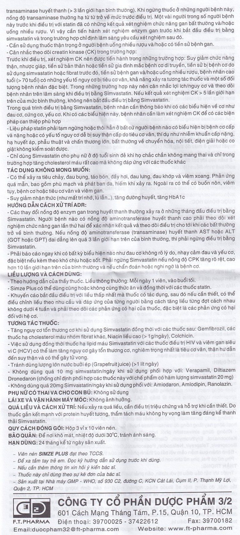 Thuốc Simze Plus 20mg/10mg Dược 3-2 cải thiện mức độ Cholesterol toàn phần (3 vỉ x 10 viên)