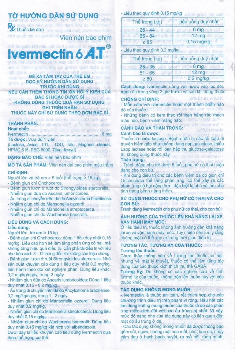 Viên nén Ivermectin 6mg A.T hỗ trợ điều trị bệnh nhiễm ký sinh trùng (1 vỉ x 4 viên)