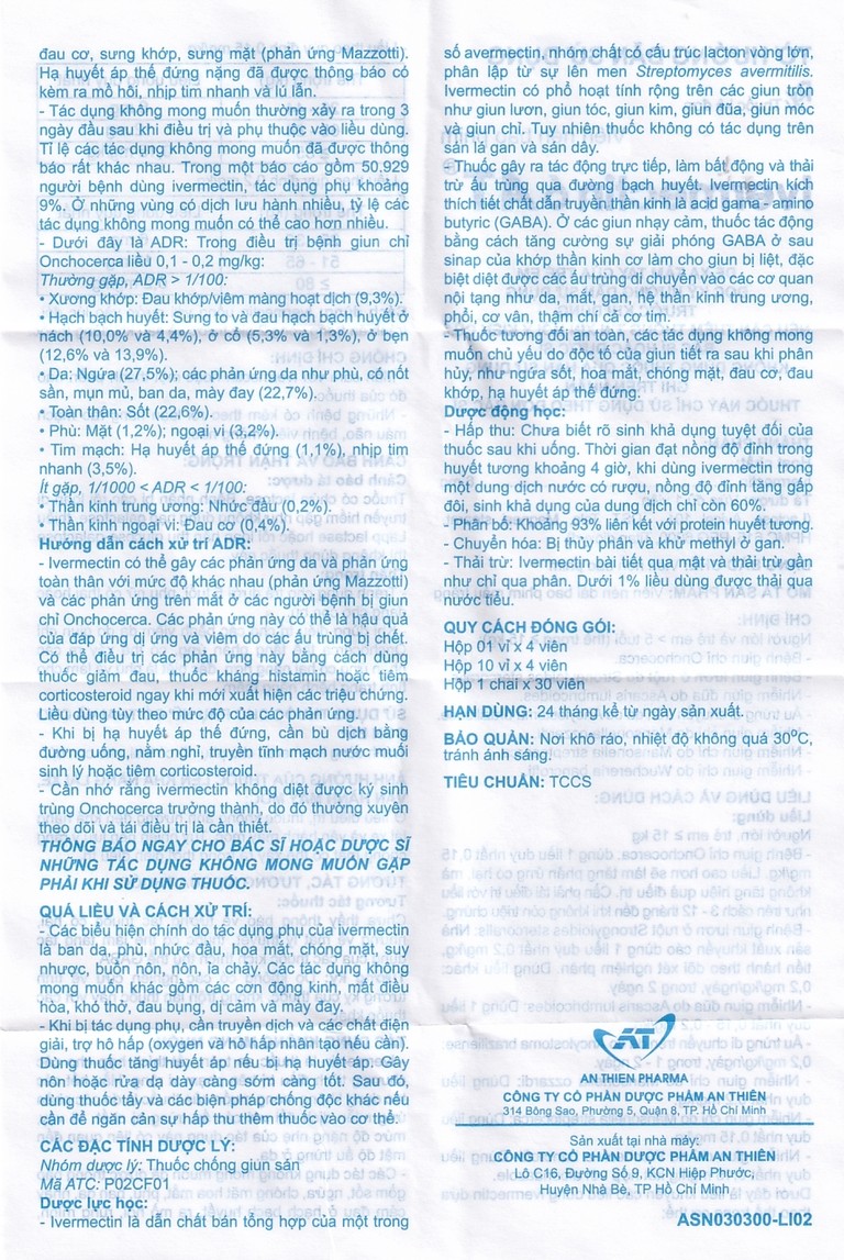 Viên nén Ivermectin 6mg A.T hỗ trợ điều trị bệnh nhiễm ký sinh trùng (1 vỉ x 4 viên)
