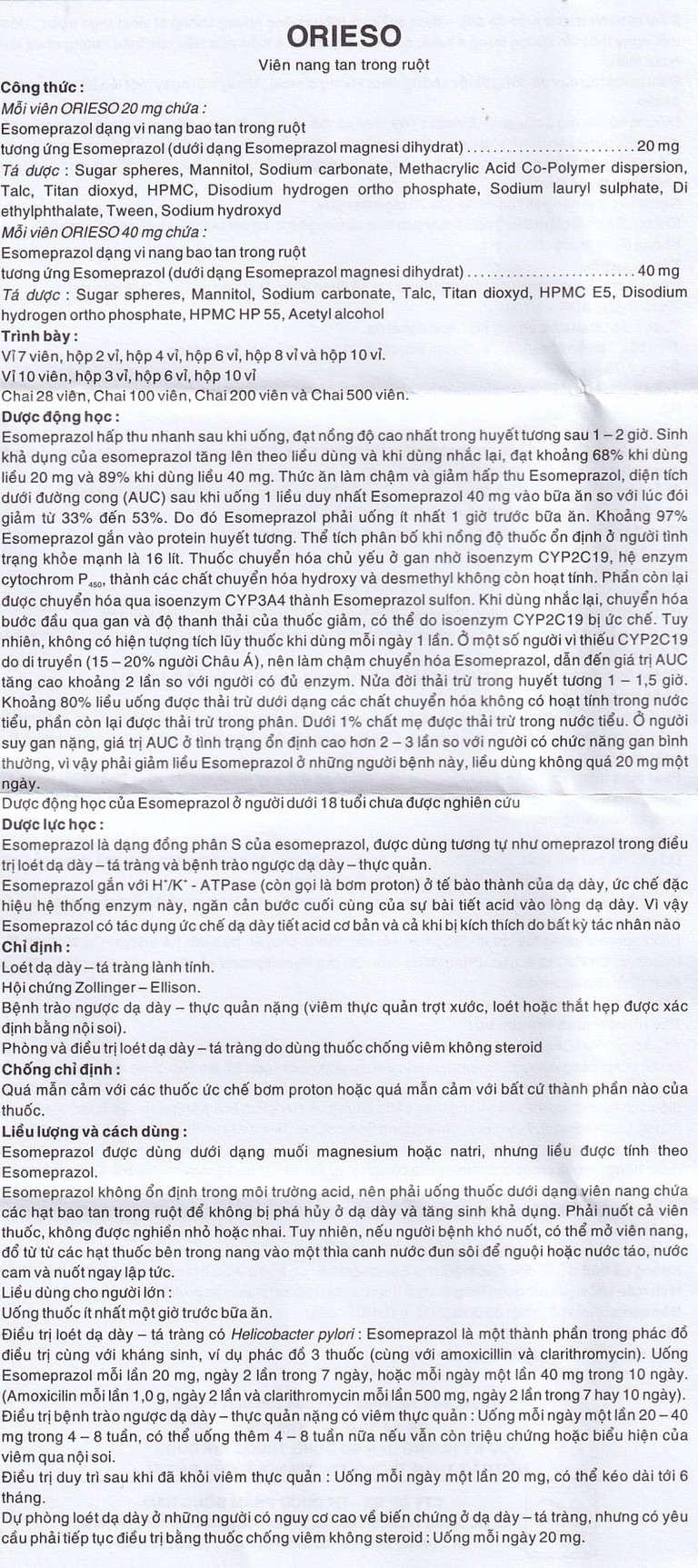 Viên nang Orieso 20mg Đông Nam điều trị loét dạ dày - tá tràng (3 vỉ x 10 viên)