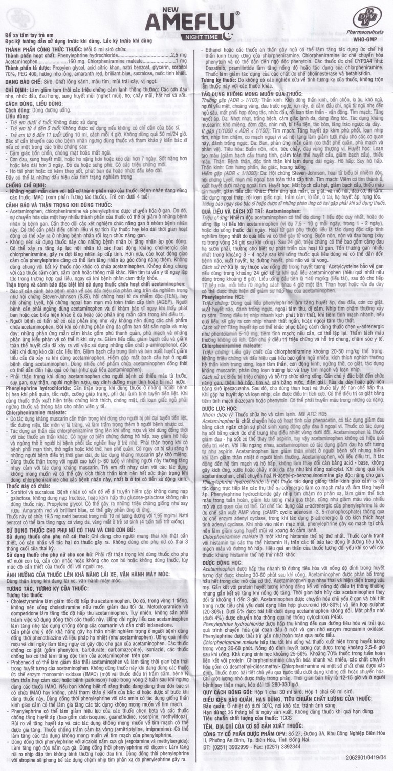 Siro New Ameflu Night Time OPV giảm các triệu chứng cảm lạnh (60ml)