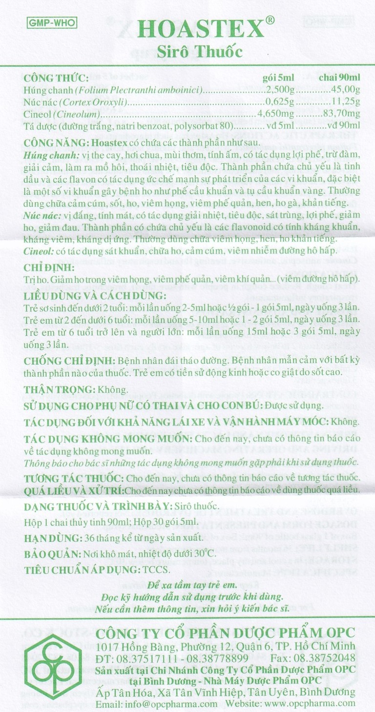 Siro HoAstex OPC điều trị ho, giảm ho trong viêm họng, viêm phế quản (30 gói x 5ml)