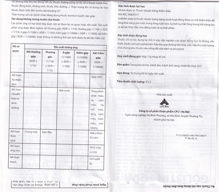 Dung dịch Golistin-Soda CPC1 làm sạch phân trước khi phẫu thuật, chụp X-quang, nội soi (45ml)