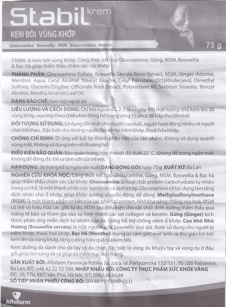 Kem bôi Stabil Krem Aflofarm vùng khớp giảm đau, kháng viêm (75g)
