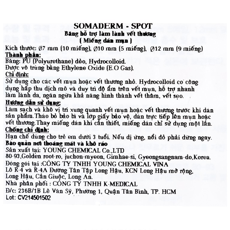 Miếng dán mụn Somaderm - Spot Young Chemical Vina hỗ trợ làm lành vết thương (24 miếng)