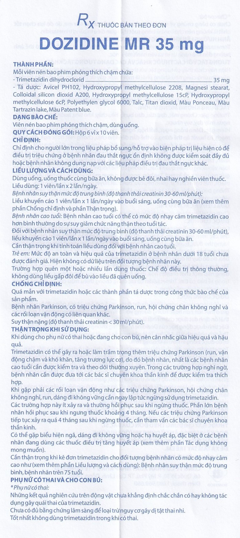Thuốc Dozidine MR 35mg Domesco điều trị triệu chứng đau thắt ngực ổn định (6 vỉ x 10 viên)