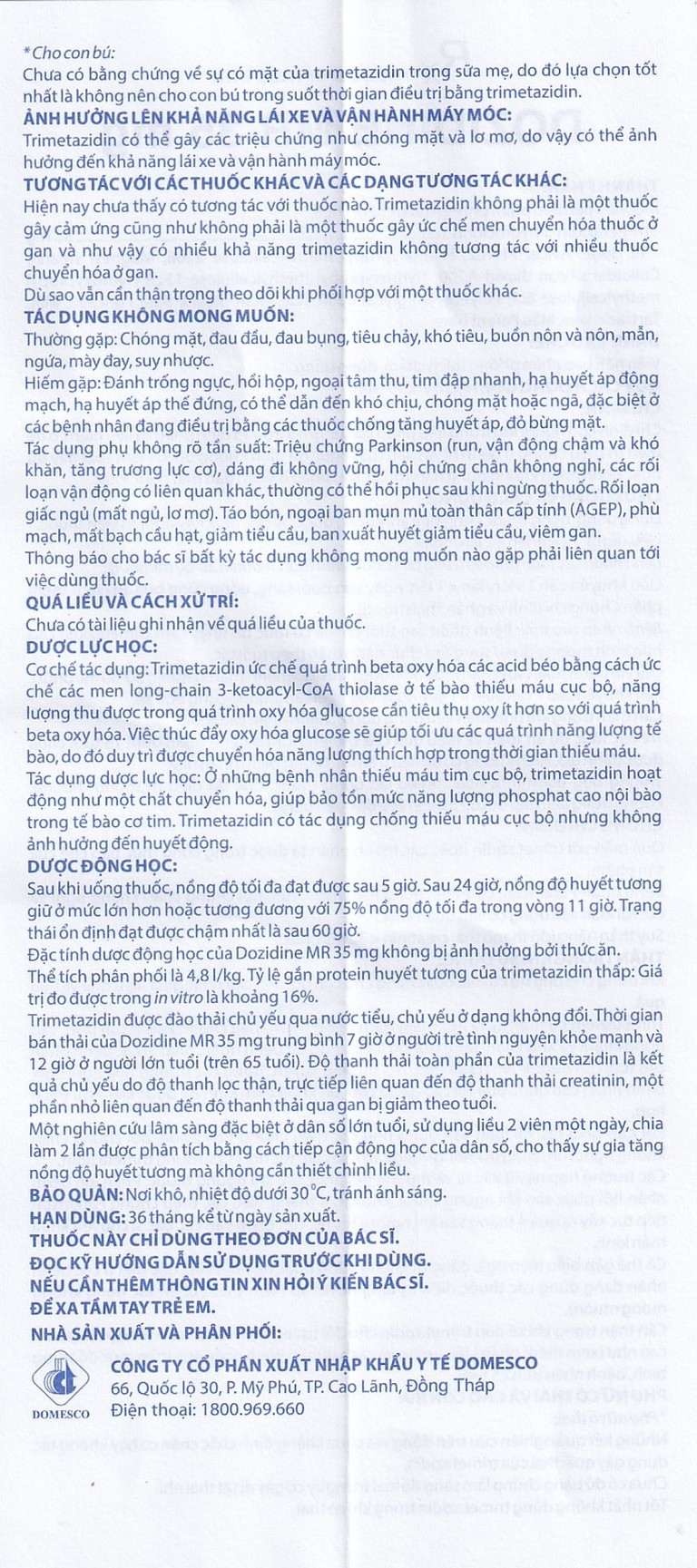 Thuốc Dozidine MR 35mg Domesco điều trị triệu chứng đau thắt ngực ổn định (6 vỉ x 10 viên)