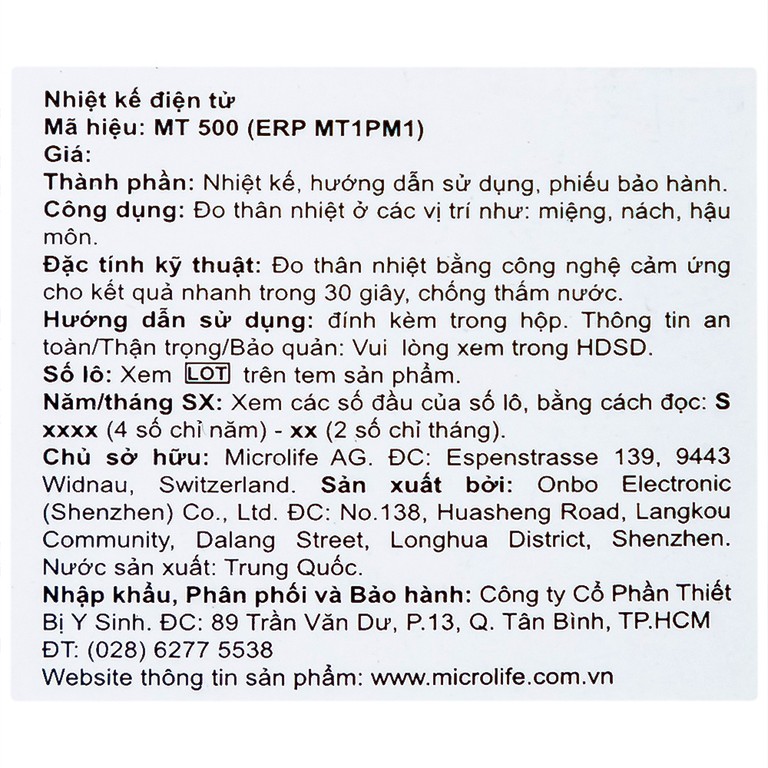 Nhiệt kế điện tử Microlife MT500 đo nhiệt độ nhanh trong 30 giây, chống thấm nước