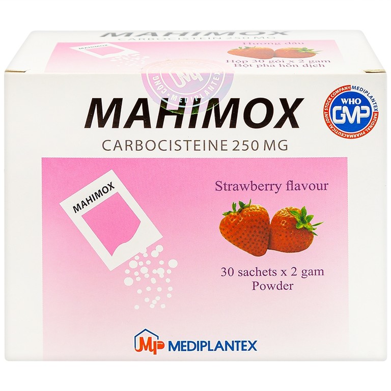 Bột pha hỗn dịch Mahimox 250mg hương dâu điều trị hỗ trợ các rối loạn đường hô hấp (30 gói x 2g)