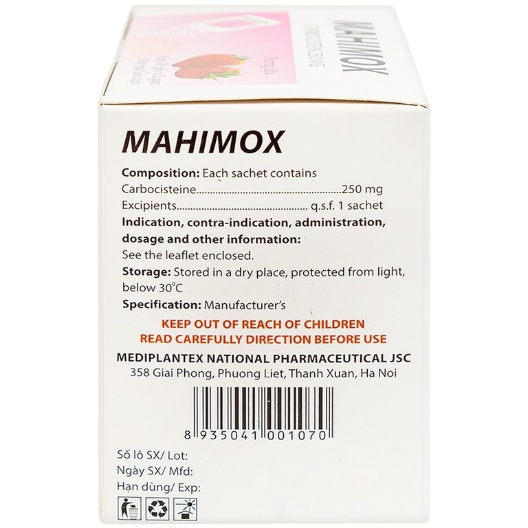Bột pha hỗn dịch Mahimox 250mg hương dâu điều trị hỗ trợ các rối loạn đường hô hấp (30 gói x 2g)