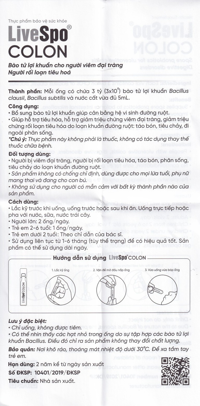 Dung dịch LiveSpo Colon bổ sung vi sinh vật có lợi, kích thích và tăng cường tiêu hóa (20 ống x 5ml)