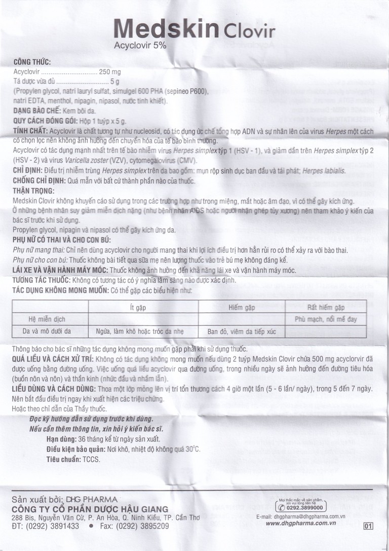 Kem bôi da Medskin Clovir 5% DHG Pharma điều trị nhiễm trùng Herpes simplex (5g)