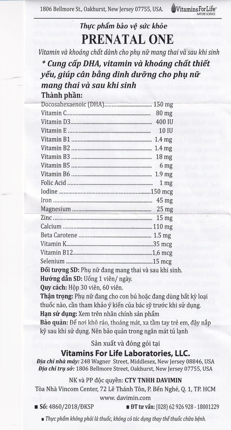 Viên uống Prenatal One Vitamins For Life cung cấp DHA, Vitamin và khoáng chất thiết yếu (30 viên)