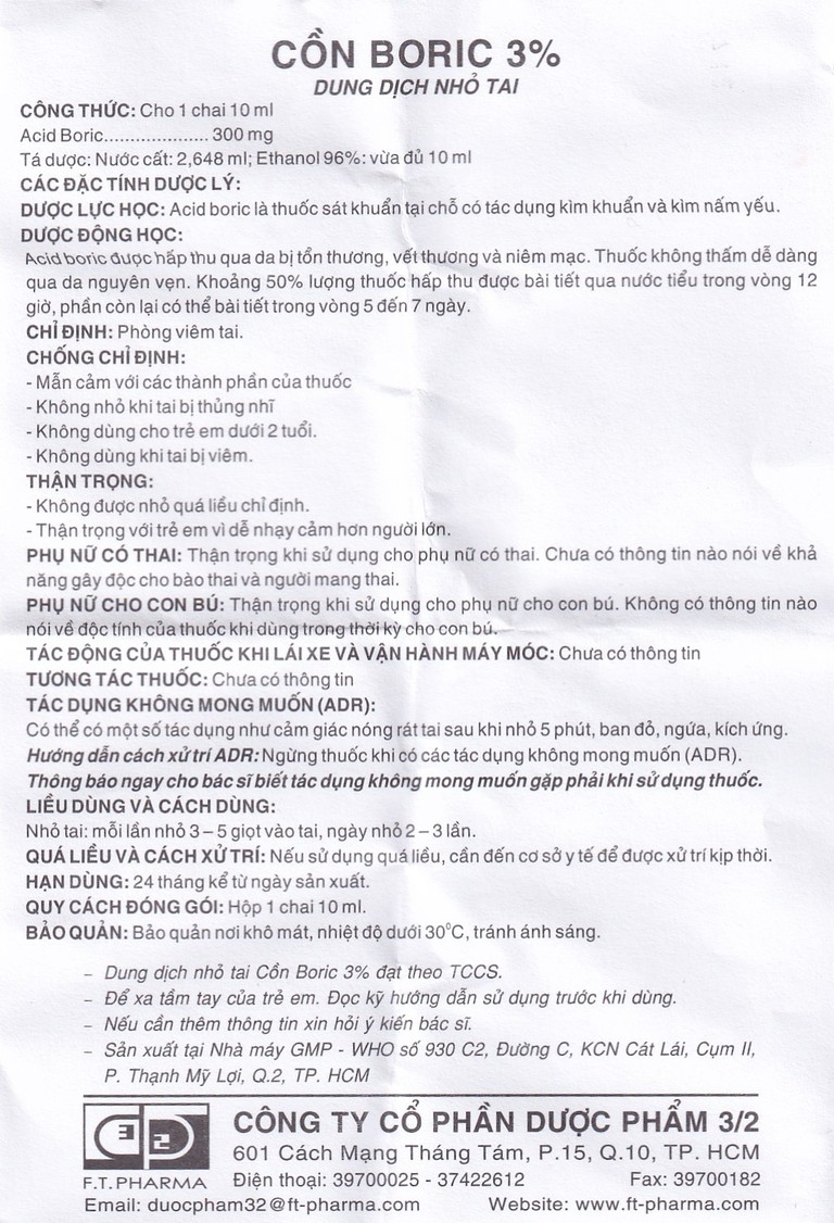 Dung dịch nhỏ tai Cồn Boric 3% Dược 3-2 phòng viêm tai (10ml)