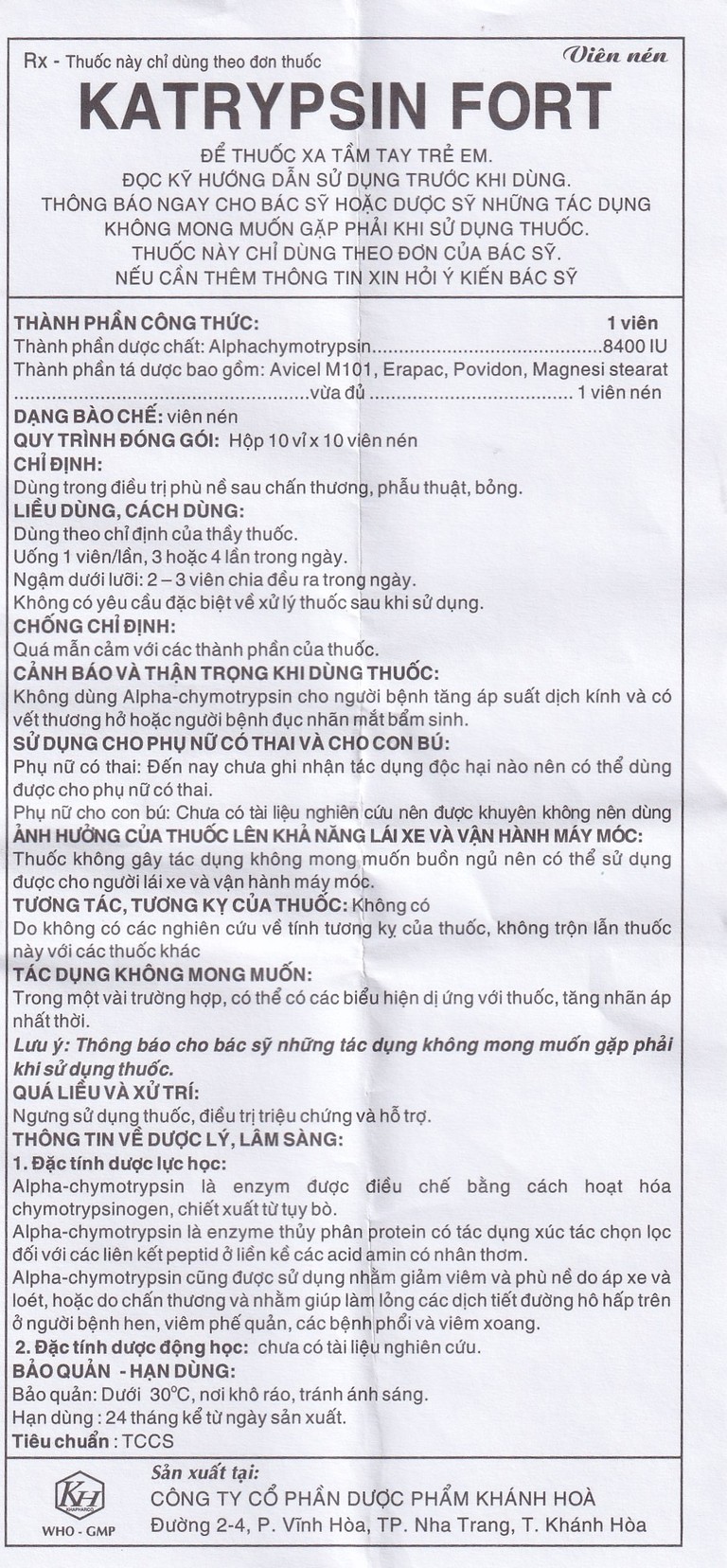Viên nén Katrypsin Fort 8400IU Khapharco điều trị phù nề sau chấn thương, sau mổ (10 vỉ x 10 viên)