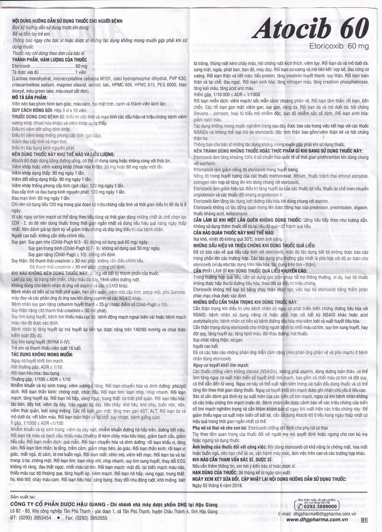 Thuốc Atocib 60mg DHG điều trị thoái hóa khớp, viêm khớp dạng thấp (3 vỉ x 10 viên)