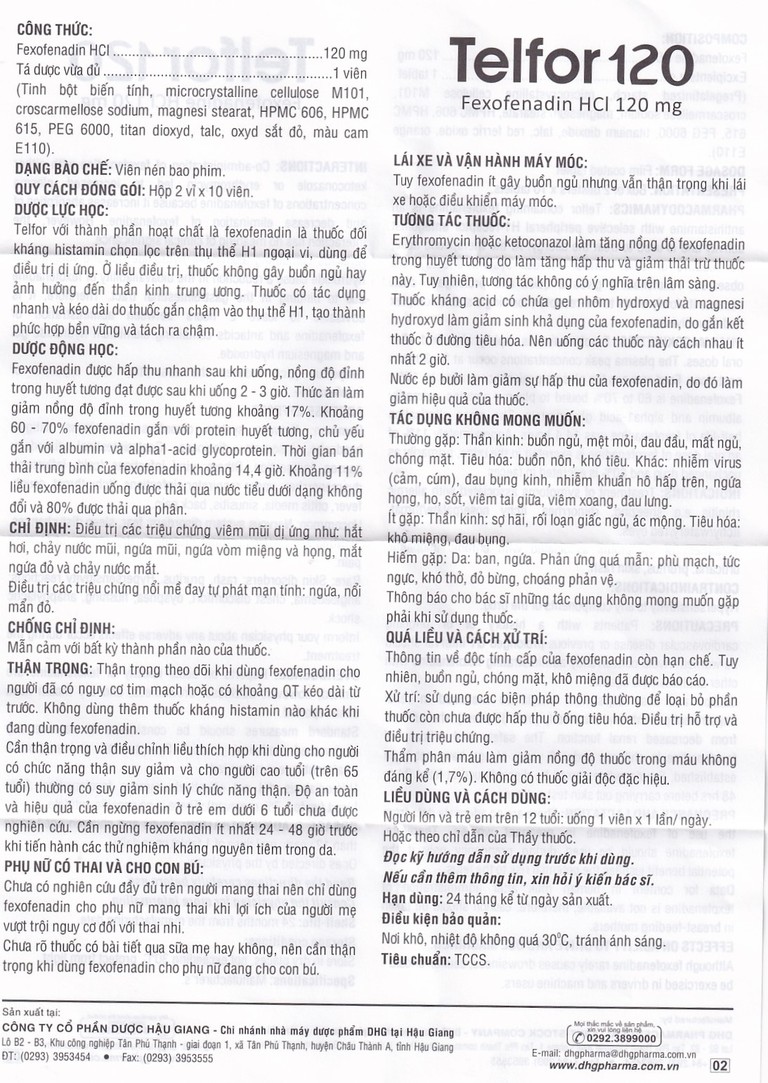 Thuốc Telfor 120 DHG điều trị các triệu chứng viêm mũi dị ứng (2 vỉ x 10 viên)