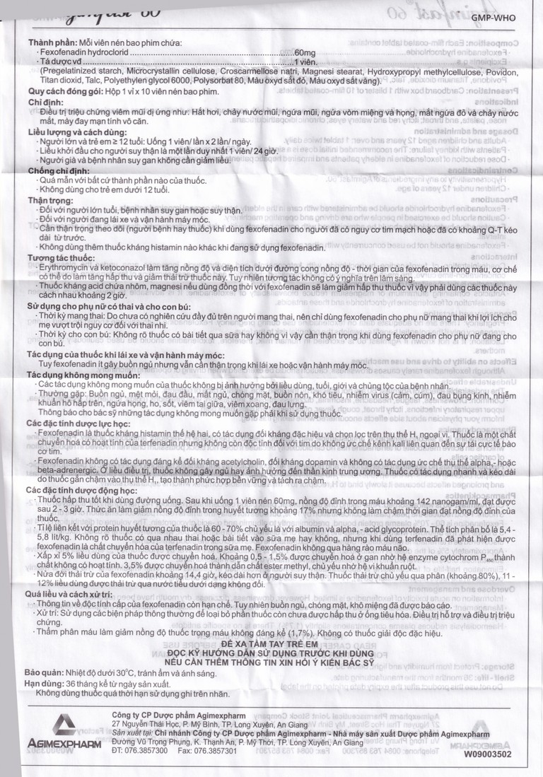 Thuốc Agimfast 60 Agimexpharm điều trị viêm mũi dị ứng, mày đay mạn tính vô căn (2 vỉ x 10 viên)