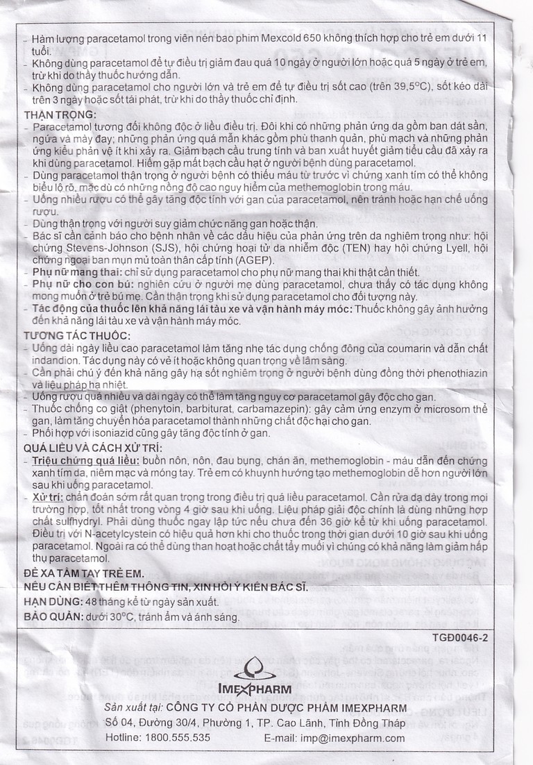 Viên nén Mexcold 650 Imexpharm giảm đau hạ sốt (10 vỉ x 10 viên)