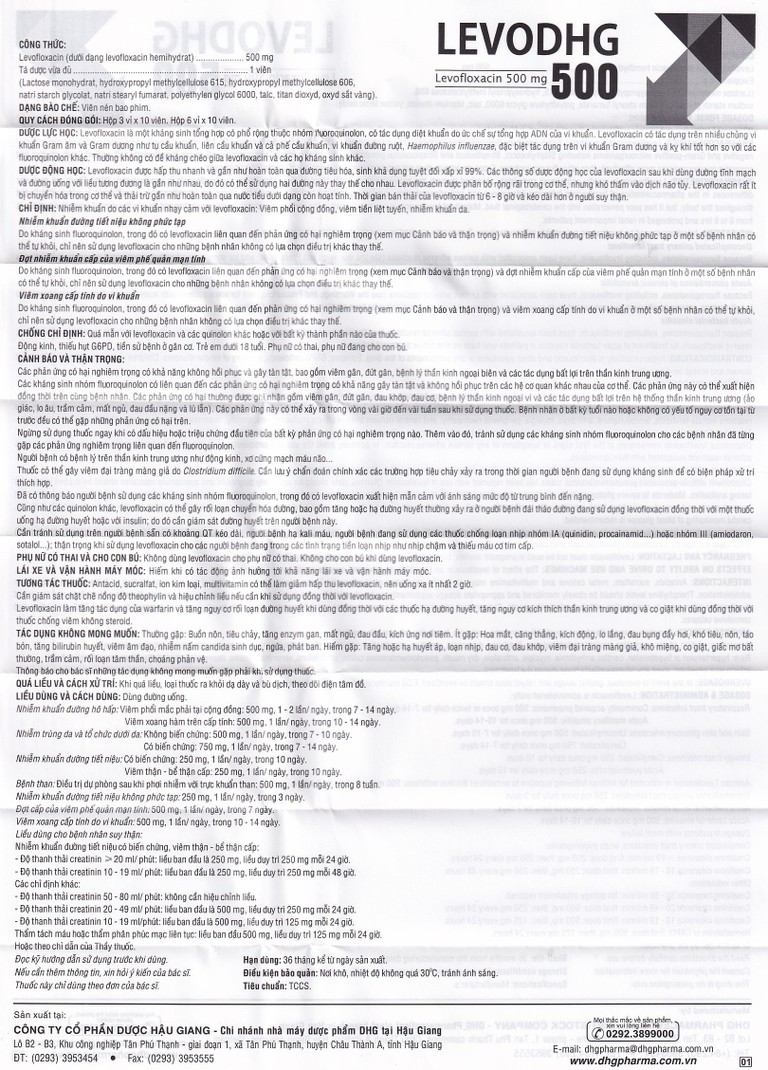 Thuốc LevoDHG 500 điều trị các chứng nhiễm khuẩn, viêm phổi, viêm tiền liệt tuyến (3 vỉ x 10 viên)