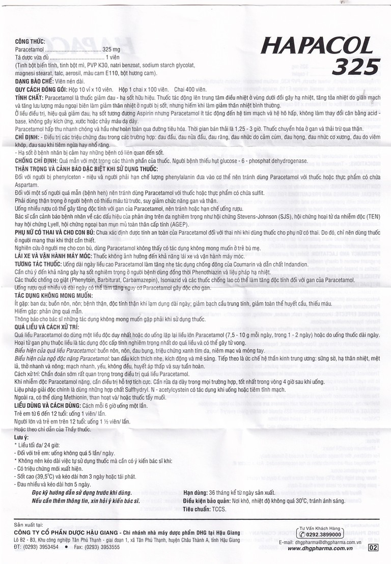Thuốc Hapacol 325 DHG điều trị đau đầu, đau nửa đầu, đau răng (100 viên)