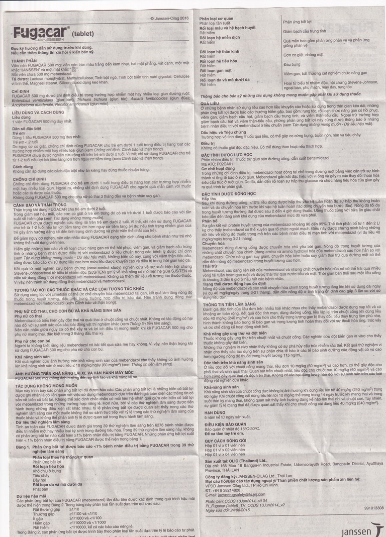 Thuốc Fugacar Janssen điều trị nhiễm một hay nhiều loại giun đường ruột (1 vỉ x 4 viên)