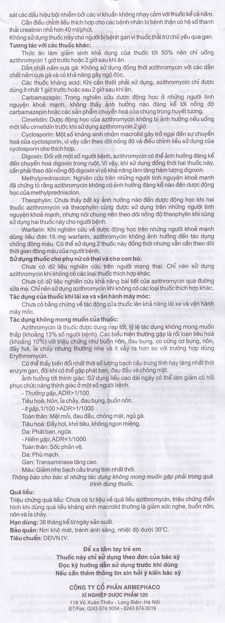 Thuốc Azithromycin 250 Armephaco điều trị nhiễm khuẩn (1 vỉ x 6 viên)