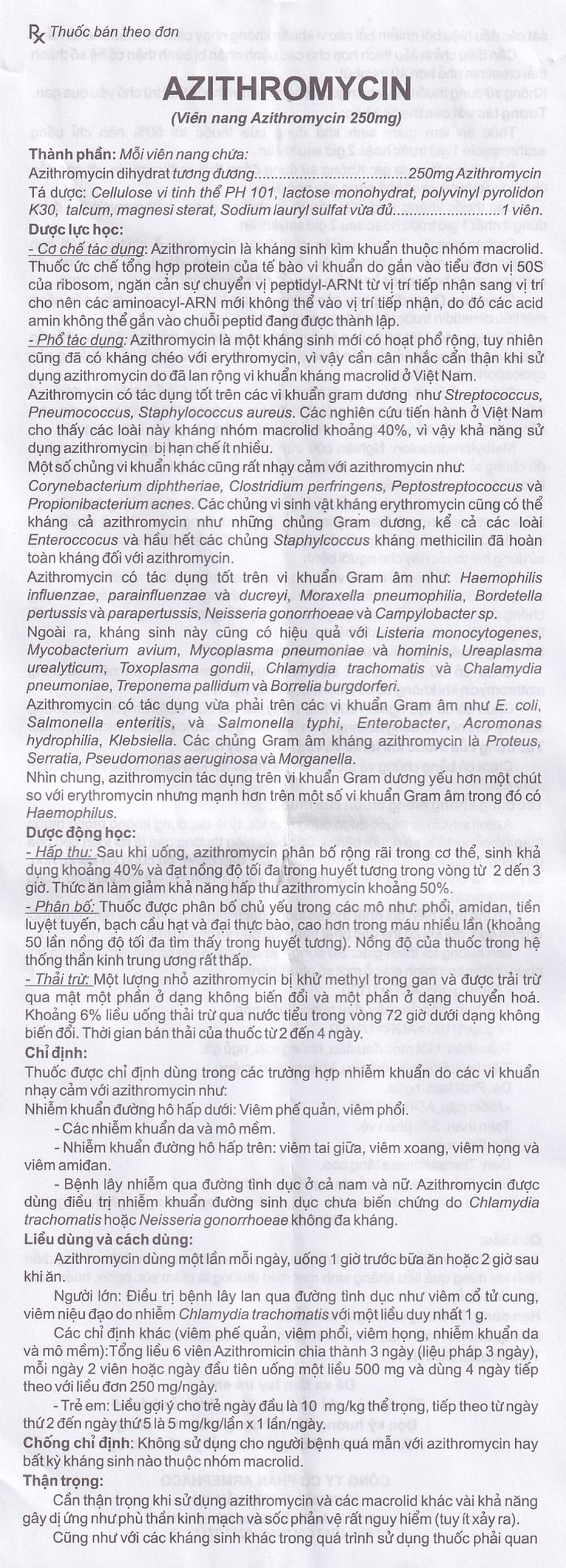 Thuốc Azithromycin 250 Armephaco điều trị nhiễm khuẩn (1 vỉ x 6 viên)
