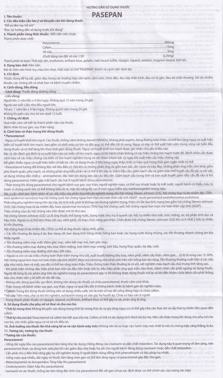 Viên nén Pasepan Hataphar hạ sốt, giảm đau, điều trị cảm lạnh, cảm cúm, nhức đầu (50 vỉ x 10 viên)