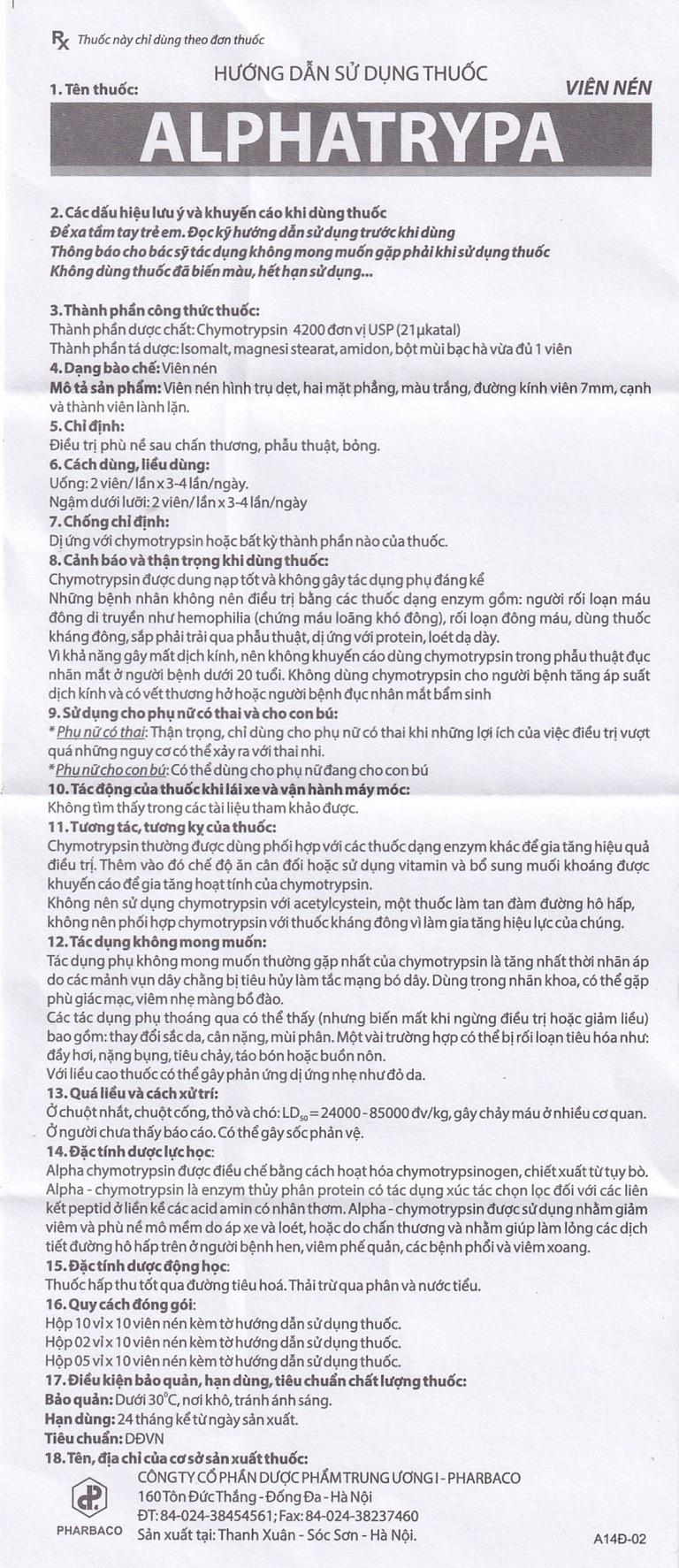 Thuốc Alphatrypa 4200 I.U Pharbaco điều rị phù nề sai chấn thương, phẫu thuật (5 vỉ x 10 viên)